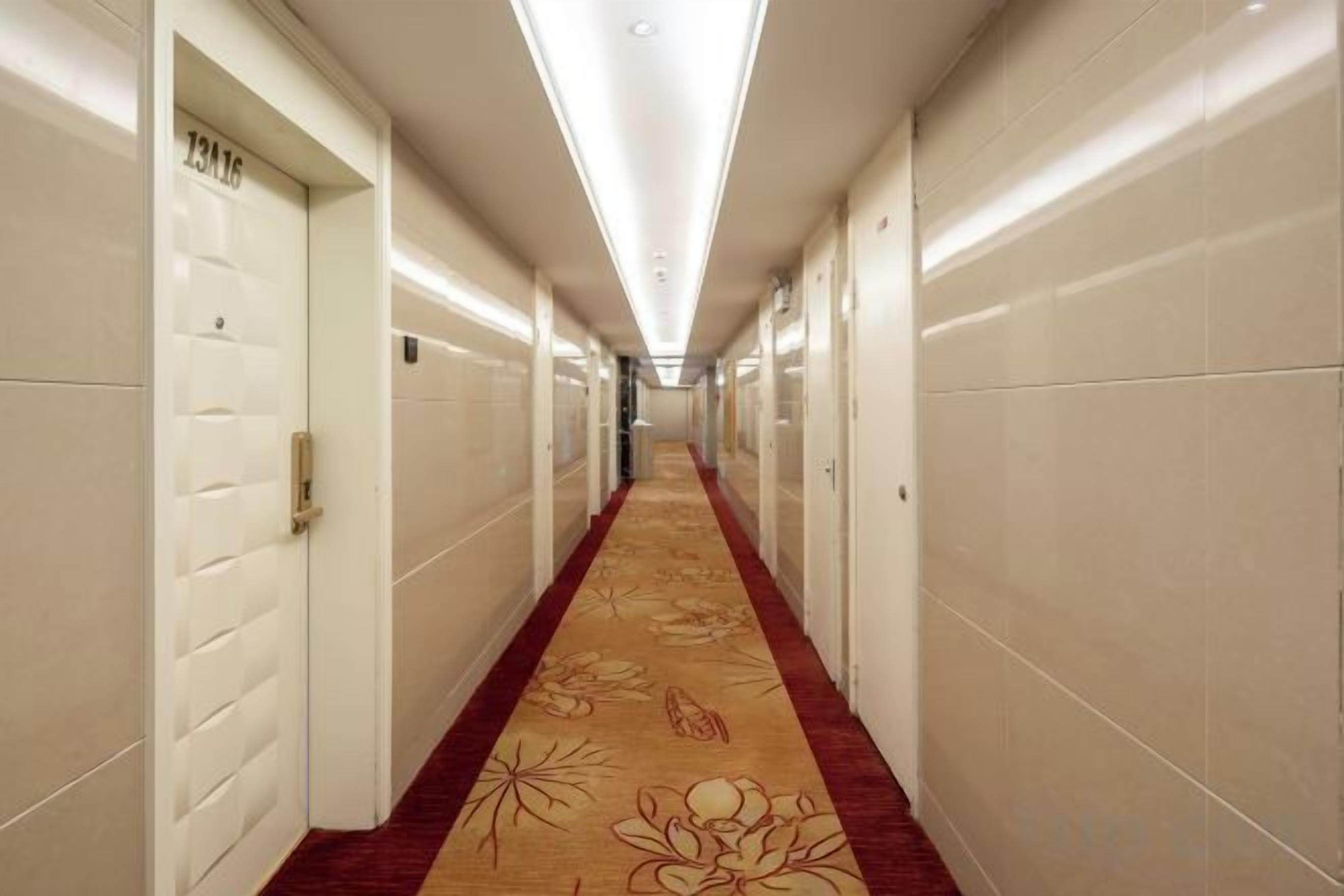 A hotel corridor with doors on both sides, a carpet with floral patterns, and a ceiling light.
