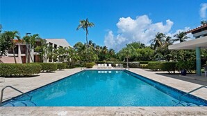A rectangular swimming pool with clear blue water, surrounded by palm trees and a covered seating area with lounge chairs.