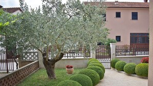 Un jardín bien cuidado con un olivo grande, setos podados con precisión y un edificio con techo de tejas al fondo.