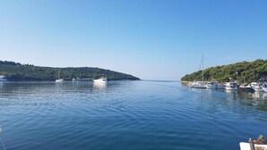 Una masa de agua tranquila con barcos, un cielo despejado y un paisaje montañoso en la lejanía.