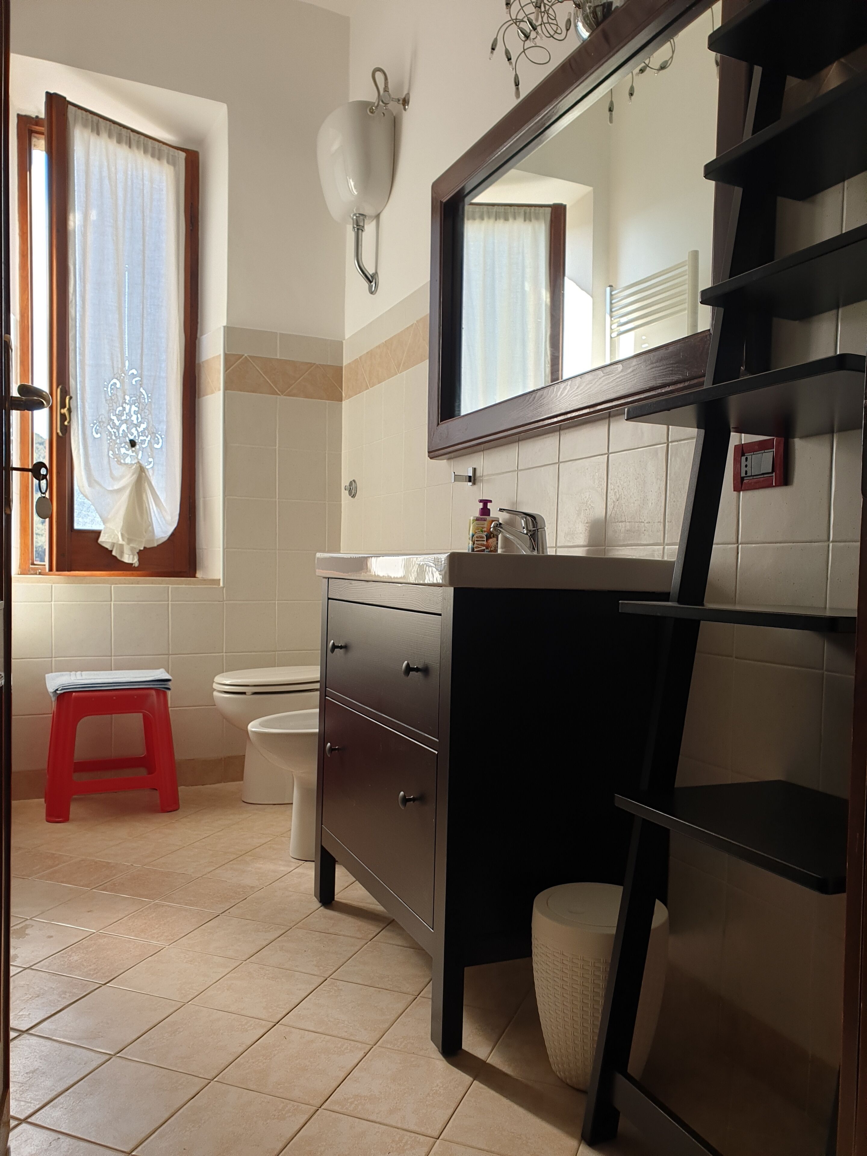 Shower, hair dryer, bidet, towels