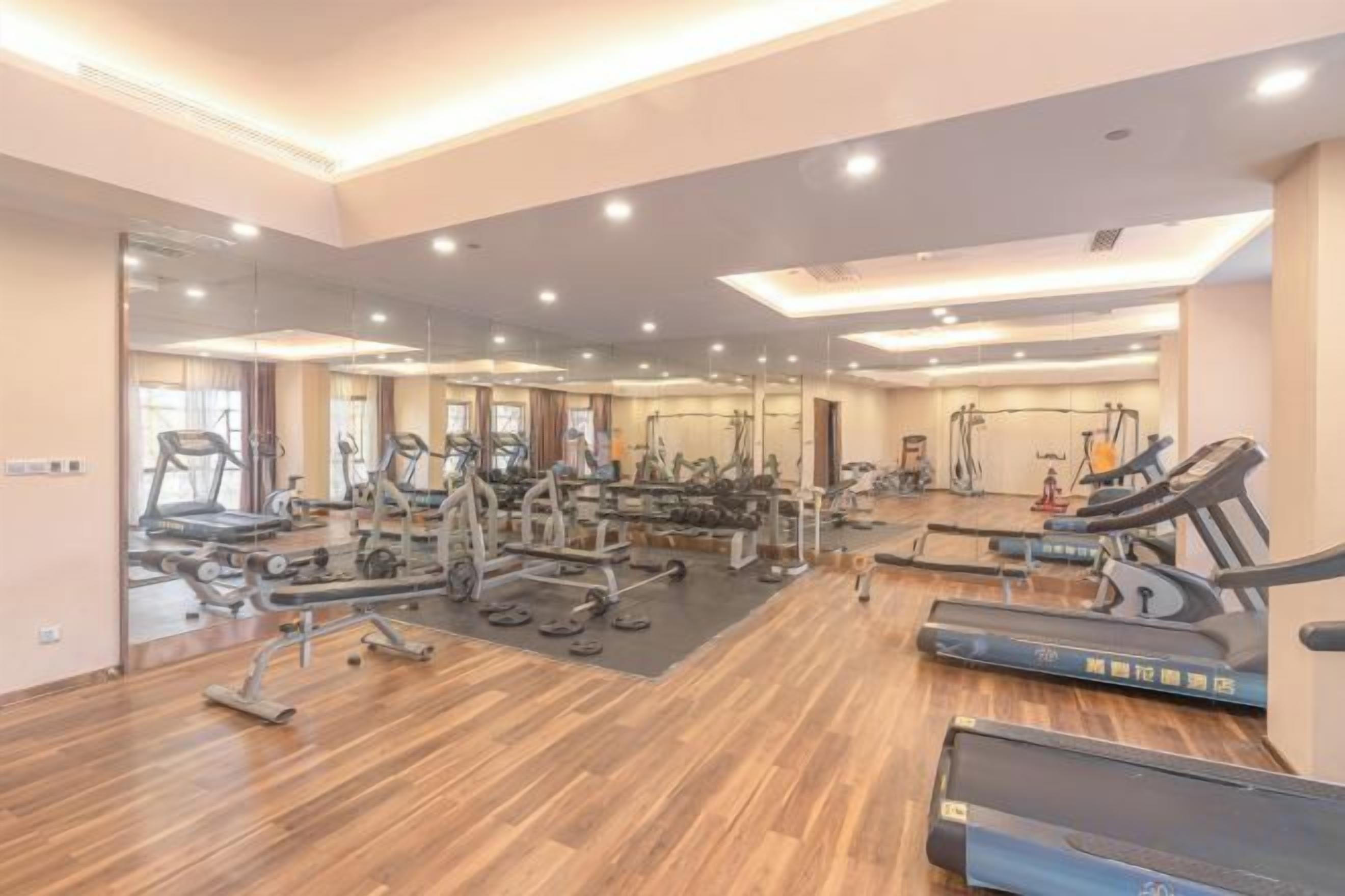 Ein Fitnessstudio mit verschiedenen Trainingsgeräten, darunter Laufbändern und Kraftmaschinen.