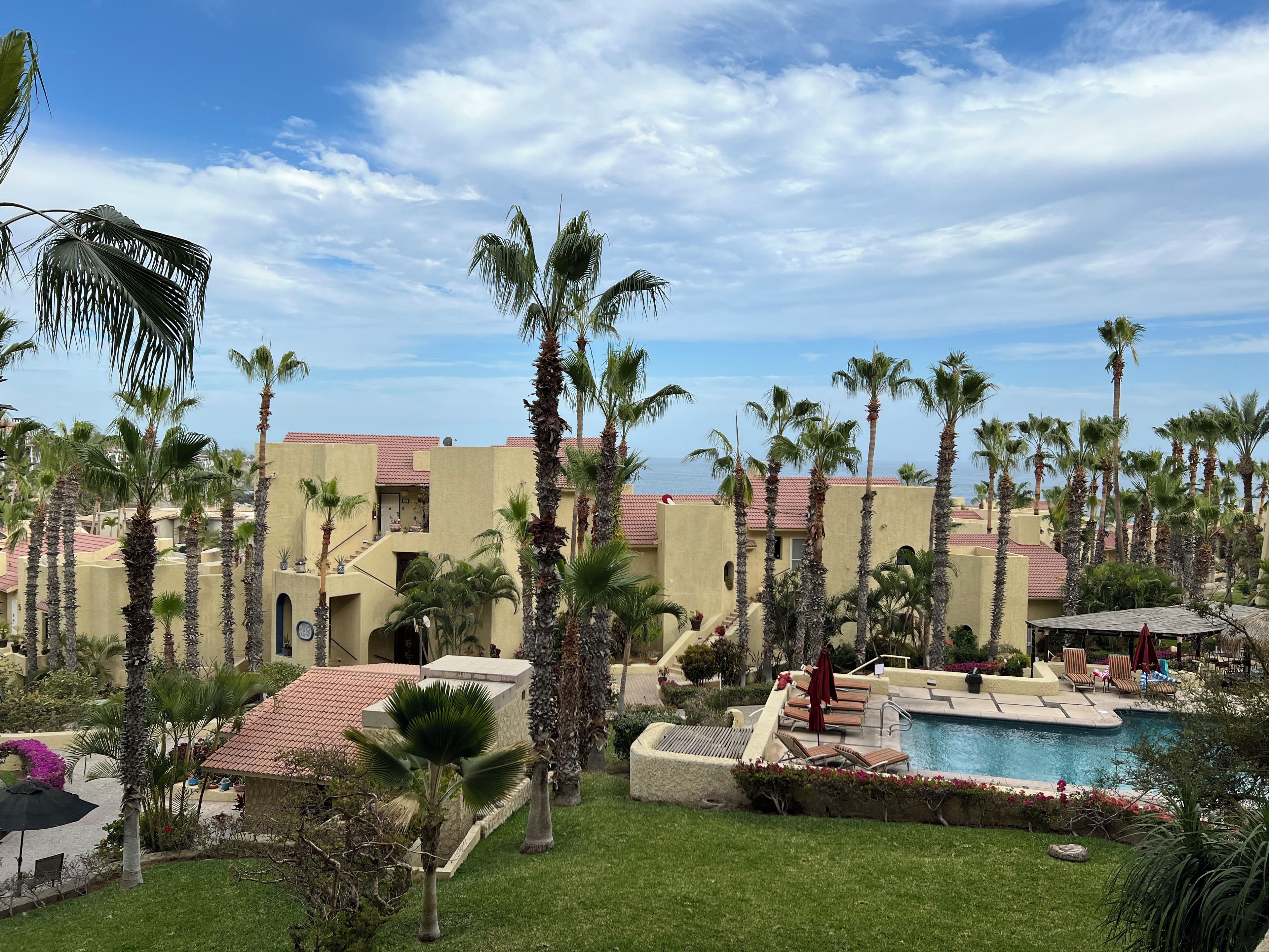 A resort with a swimming pool, palm trees, and a view of the ocean.