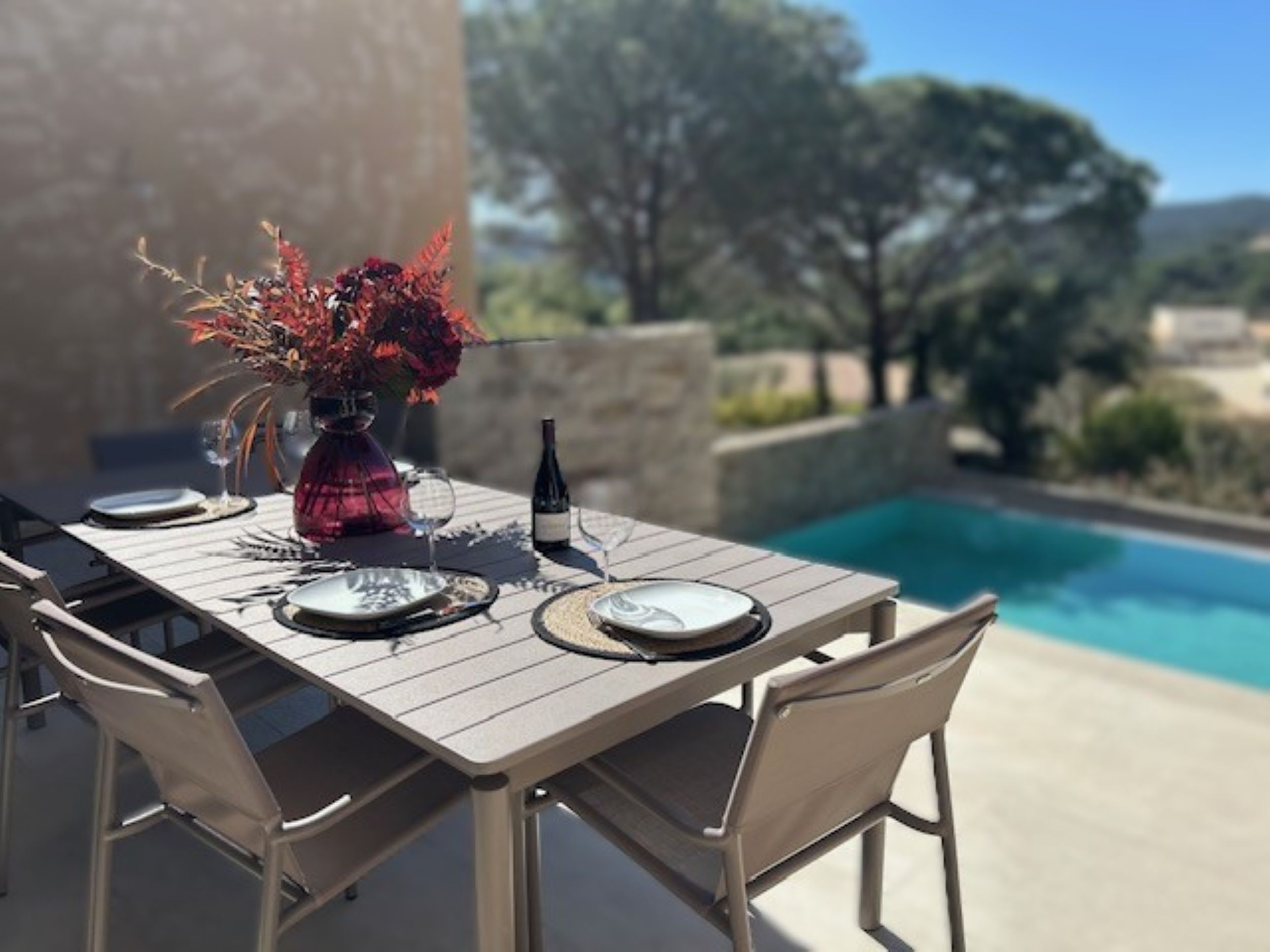 Une table à manger extérieure offrant une vue sur une piscine et des arbres.