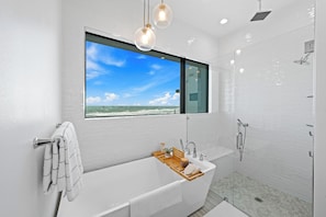 Hair dryer, towels, soap, shampoo