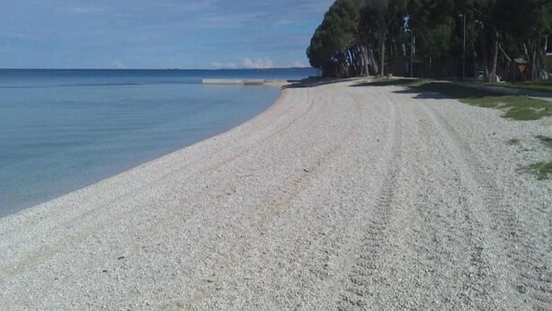 Une plage de galets offrant une vue dégagée sur la mer, avec une rangée d’arbres sur la droite.