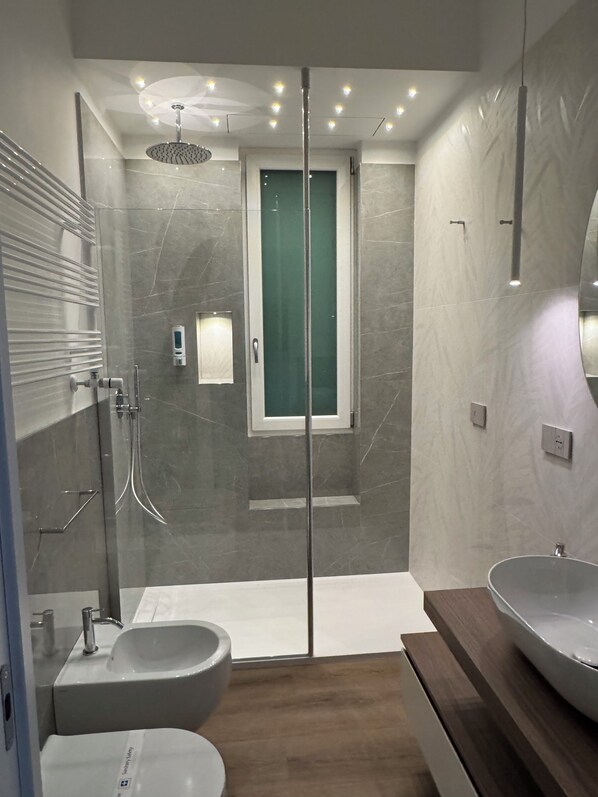 Douche, séchoir à cheveux, bidet, serviettes fournies