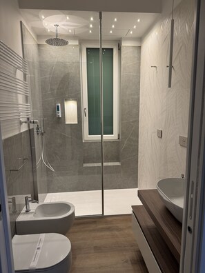 Douche, sèche-cheveux, bidet, serviettes fournies