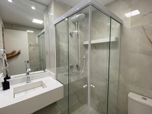 Hair dryer, towels, soap, toilet paper