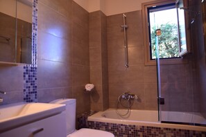 Hair dryer, towels, soap, toilet paper