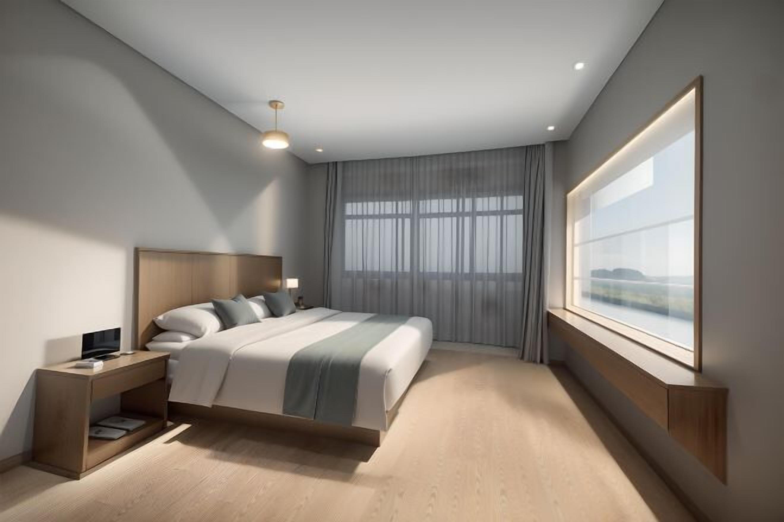 A modern hotel room with a large bed, a bedside table with a TV, a window with a view, and a large painting on the wall.