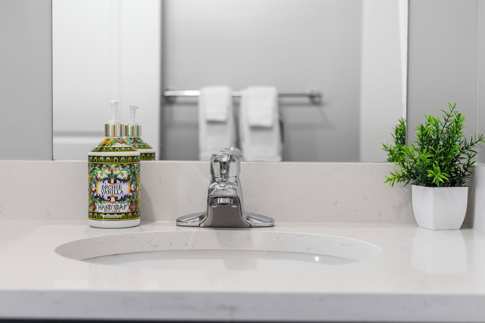 A bathroom sink with a hand soap dispenser and a potted plant.
