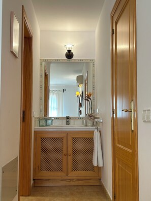 Shower, hair dryer, bidet, towels