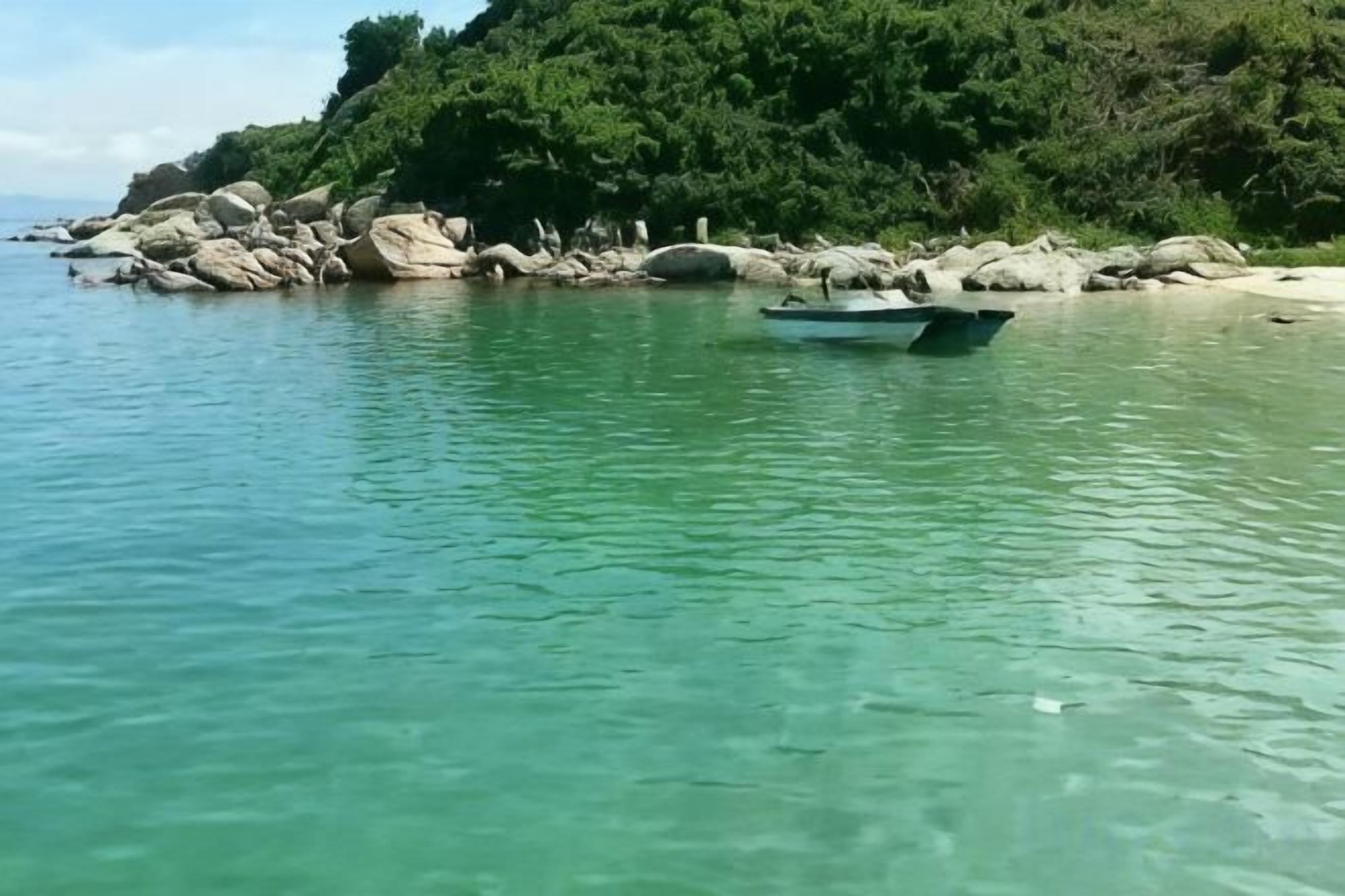 A boat on clear turquoise water near a rocky shoreline with dense greenery.