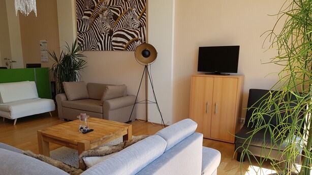A living room with a sofa, a coffee table, a television on a cabinet, and a wall with a zebra painting. - Large vacation apartment in Nuremberg with good connections: Center, trade fair, Playmobil (Nürnberg)