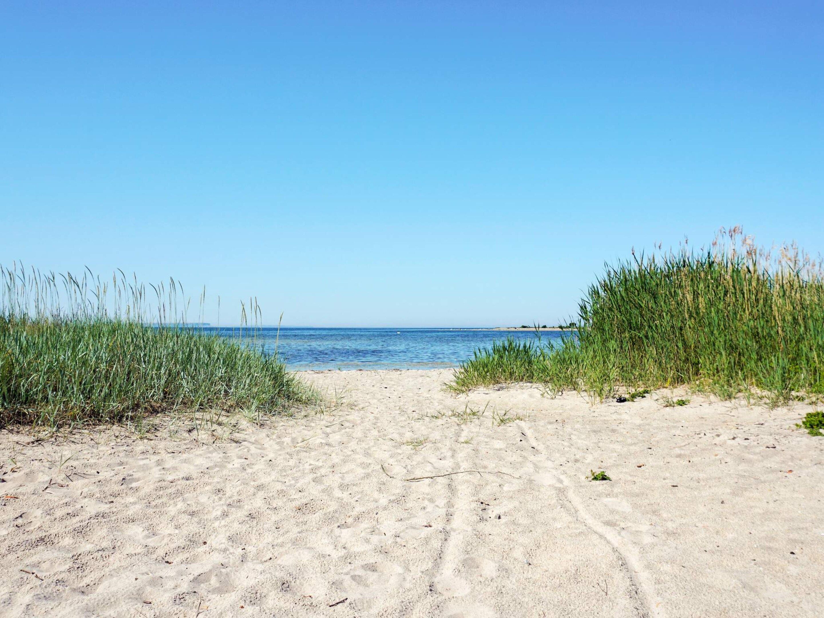 A sandy beach with clear blue water and a clear sky.