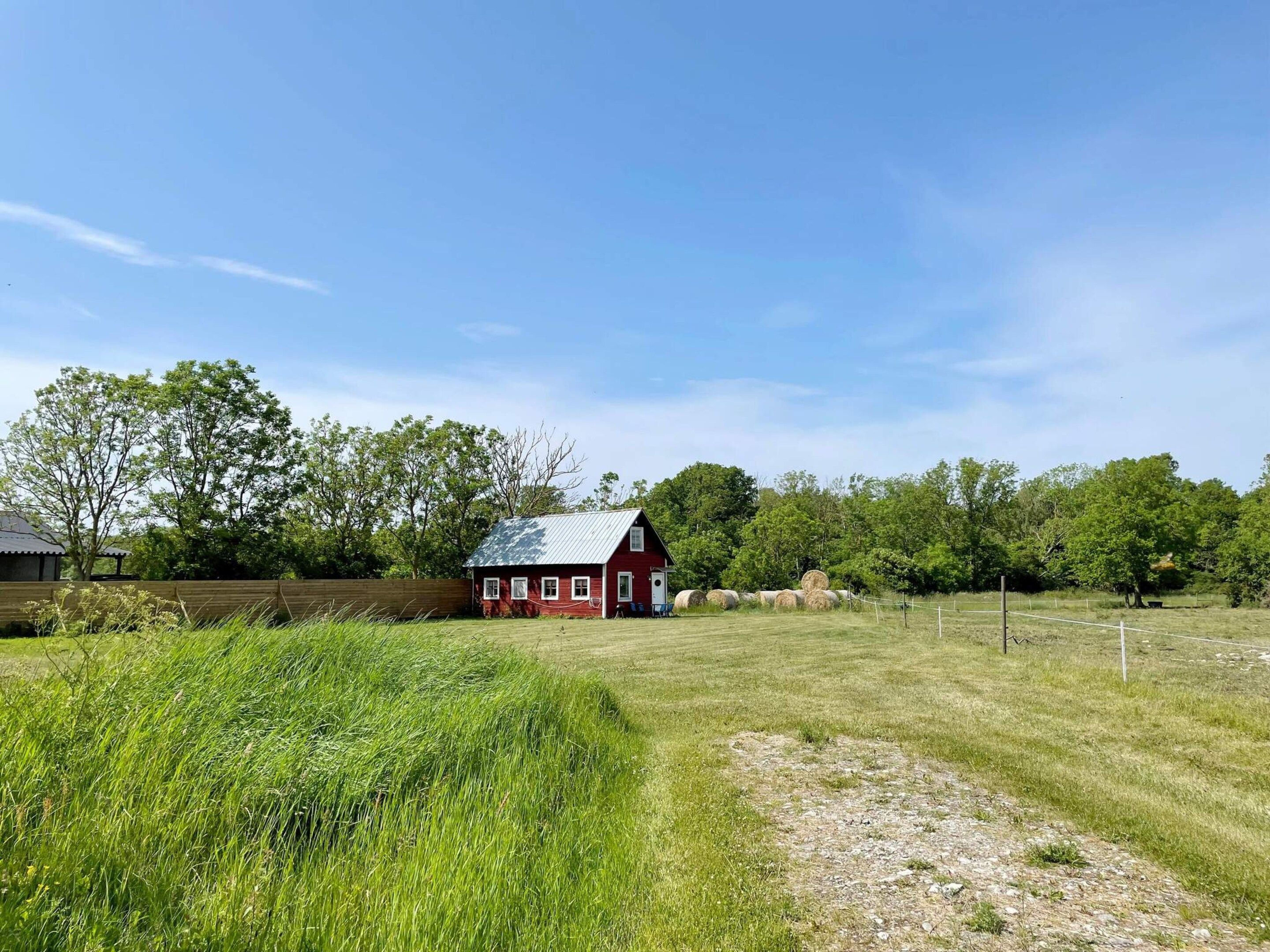 A red barn with a metal roof, surrounded by a grassy field and trees.