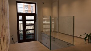 Una habitación moderna con un panel de vidrio, una puerta que da al exterior y una planta en maceta.