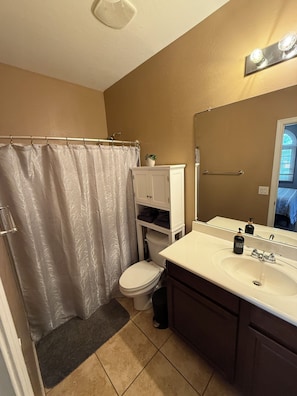 Hair dryer, towels, soap, toilet paper