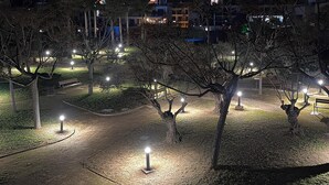 Een nachtzicht van een park met verlichte paden en bomen, omringd door gebouwen.