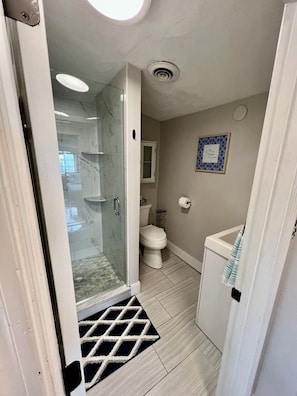 Shower, hair dryer, towels, toilet paper