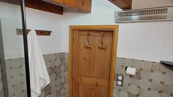 A small bathroom with a wooden door, a toilet, and a shower area.