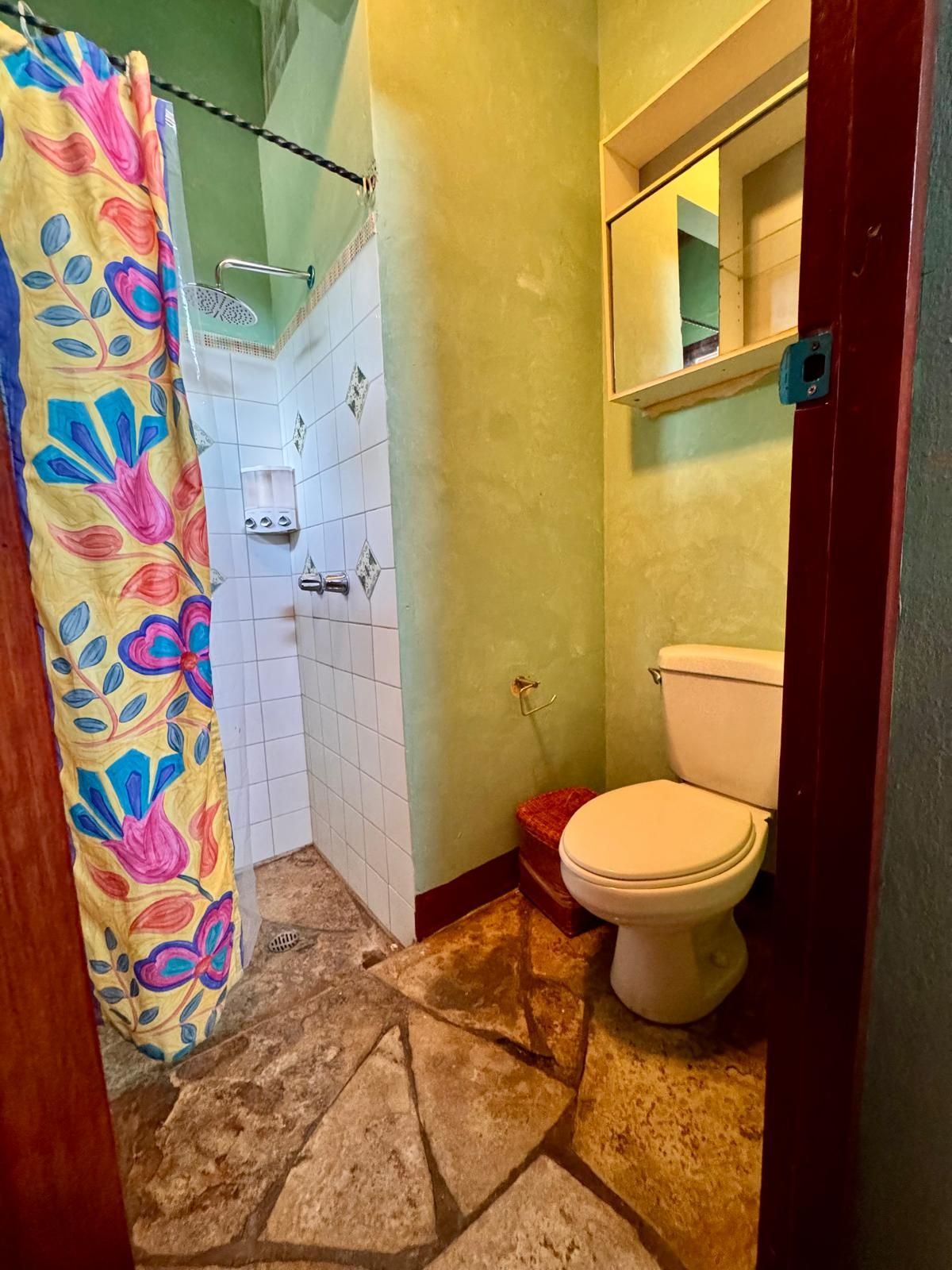 Uma casa de banho com sanita, chuveiro e chão em mosaico.