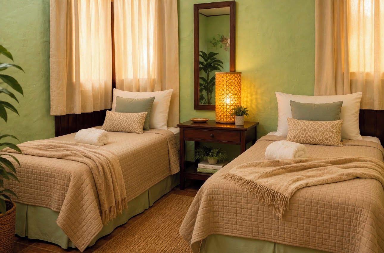 Habitación de hotel con dos camas, una mesita de noche, una lámpara, un espejo y una planta en maceta.