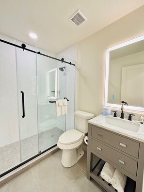 A modern bathroom with a glass-enclosed shower, a toilet, a sink with a marble countertop, and a large mirror. - The Depot Hotel (Taylor)