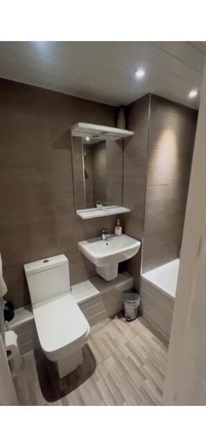 Hair dryer, towels, soap, toilet paper