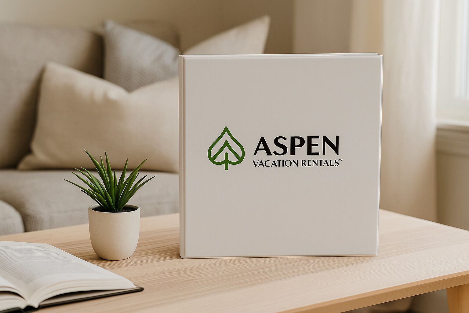 A white box with the Aspen Vacation Rentals logo on a wooden table.
