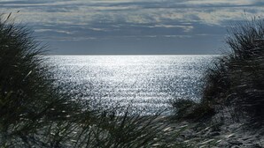 Une vue sur la plage, avec la mer et le ciel.