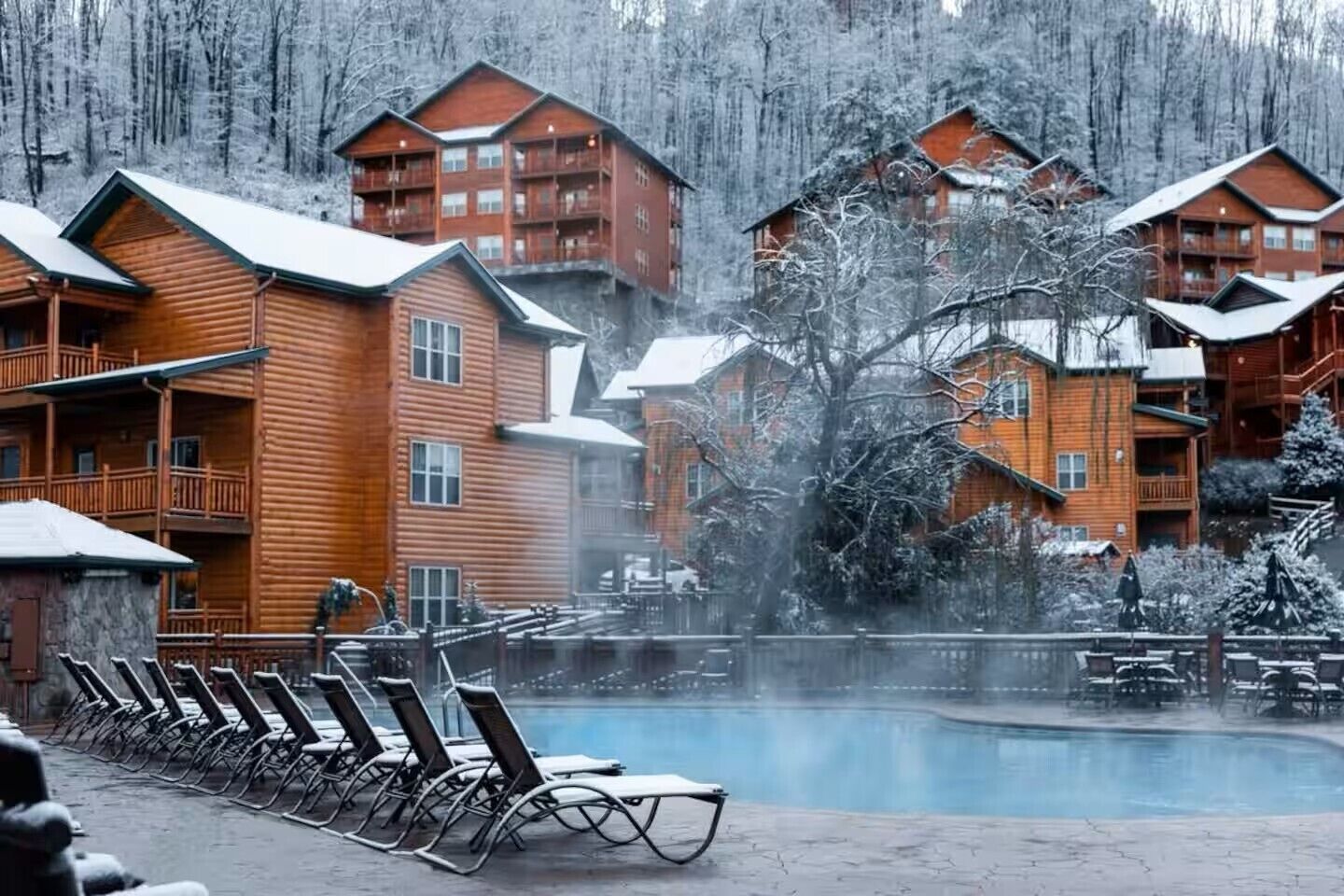 A lodge with multiple wooden buildings, a pool area with lounge chairs, and a snowy forest backdrop.