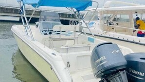 Una barca con motore fuoribordo Yamaha, un tendalino blu e uno scafo bianco.