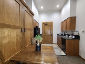 Fridge, microwave, coffee/tea maker, toaster