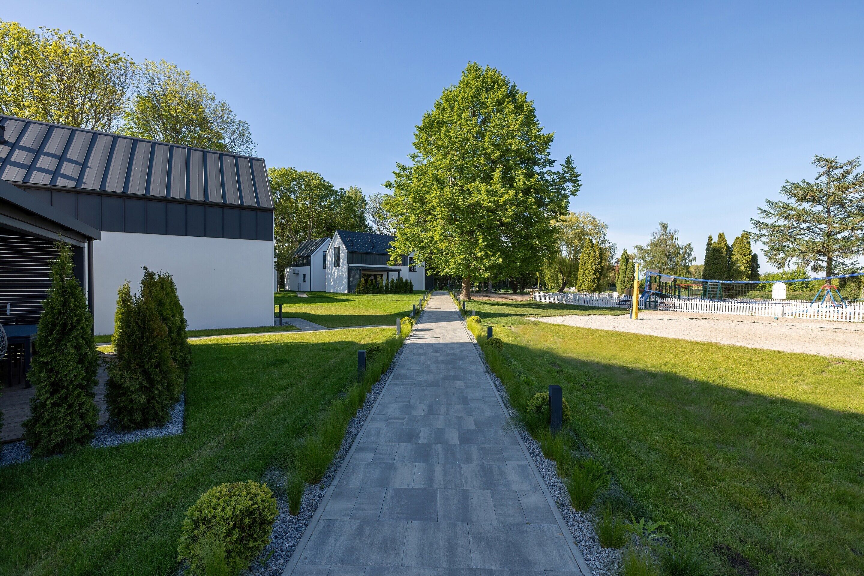 A modern building with a paved pathway leading to a large tree and a playground.