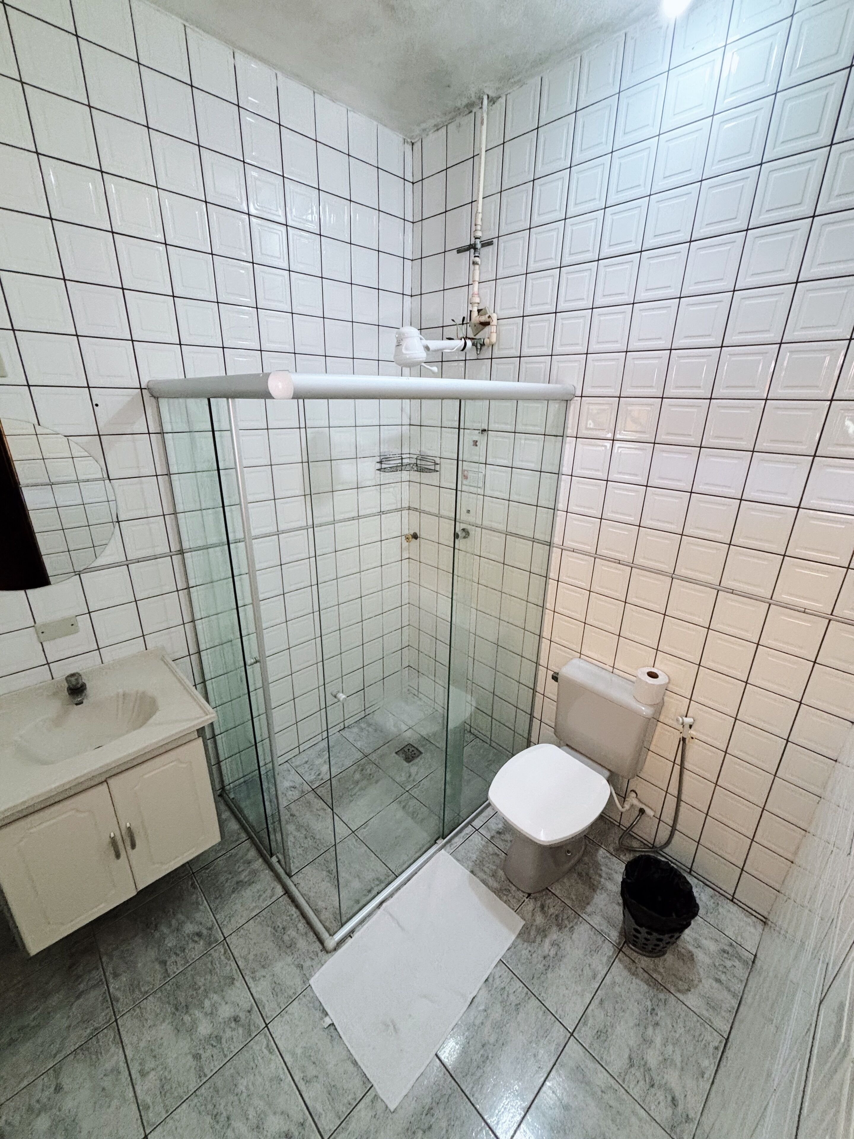A bathroom with a glass-enclosed shower, a toilet, a sink, and a small trash bin.
