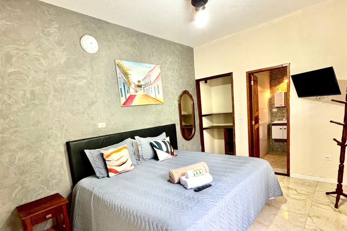 Un dormitorio con cama, ventilador de techo, un cuadro, televisor y puerta de baño.