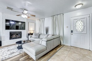 TV connectée, cheminée, lecteur de DVD, livres