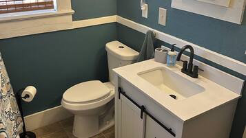 Hair dryer, towels, soap, toilet paper