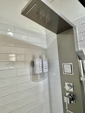 Hair dryer, towels, soap, toilet paper