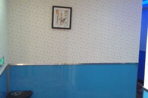 A room with a patterned wall, a framed picture, and a blue partition.