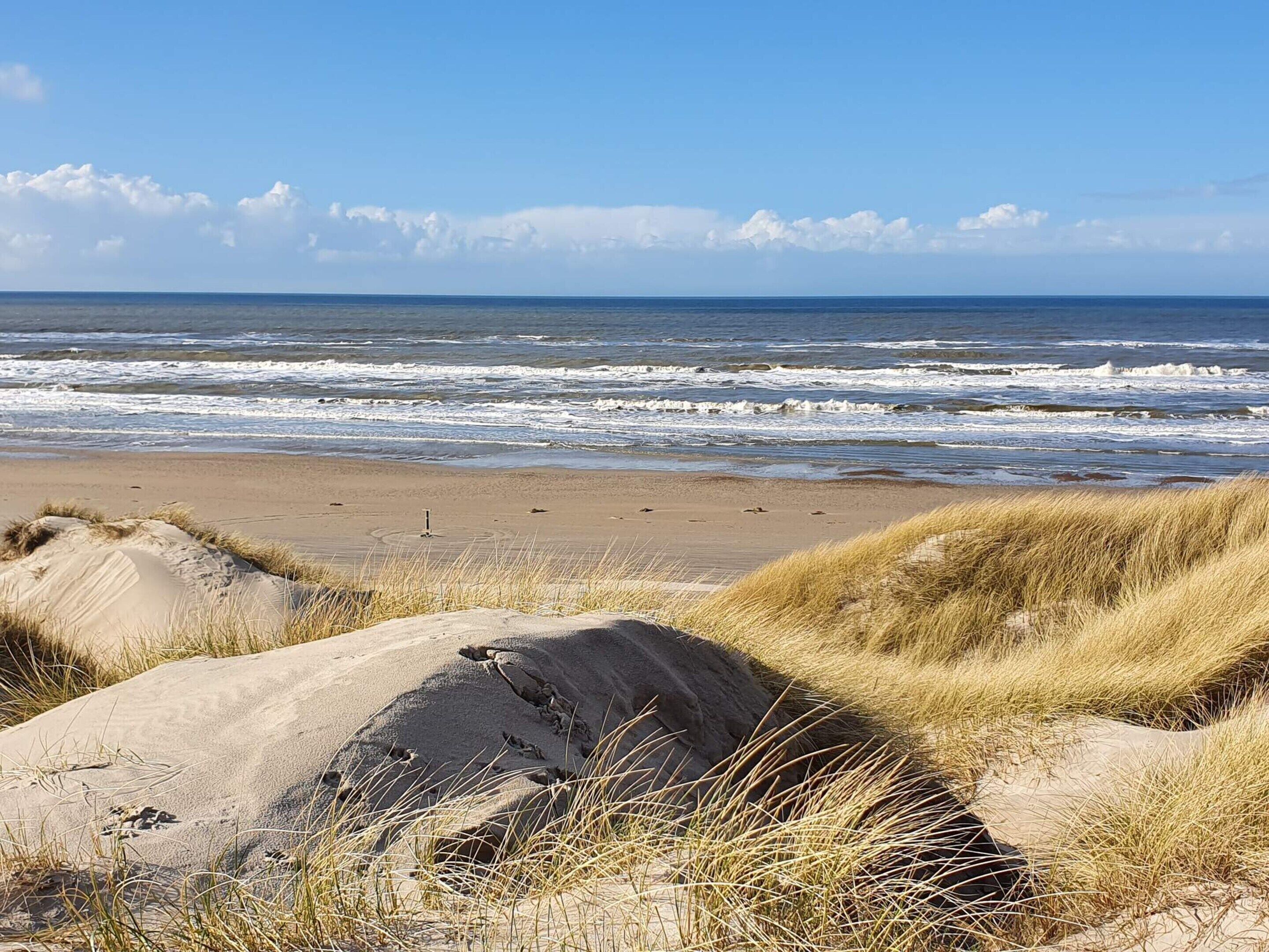 Une plage avec des dunes de sable et des vagues.