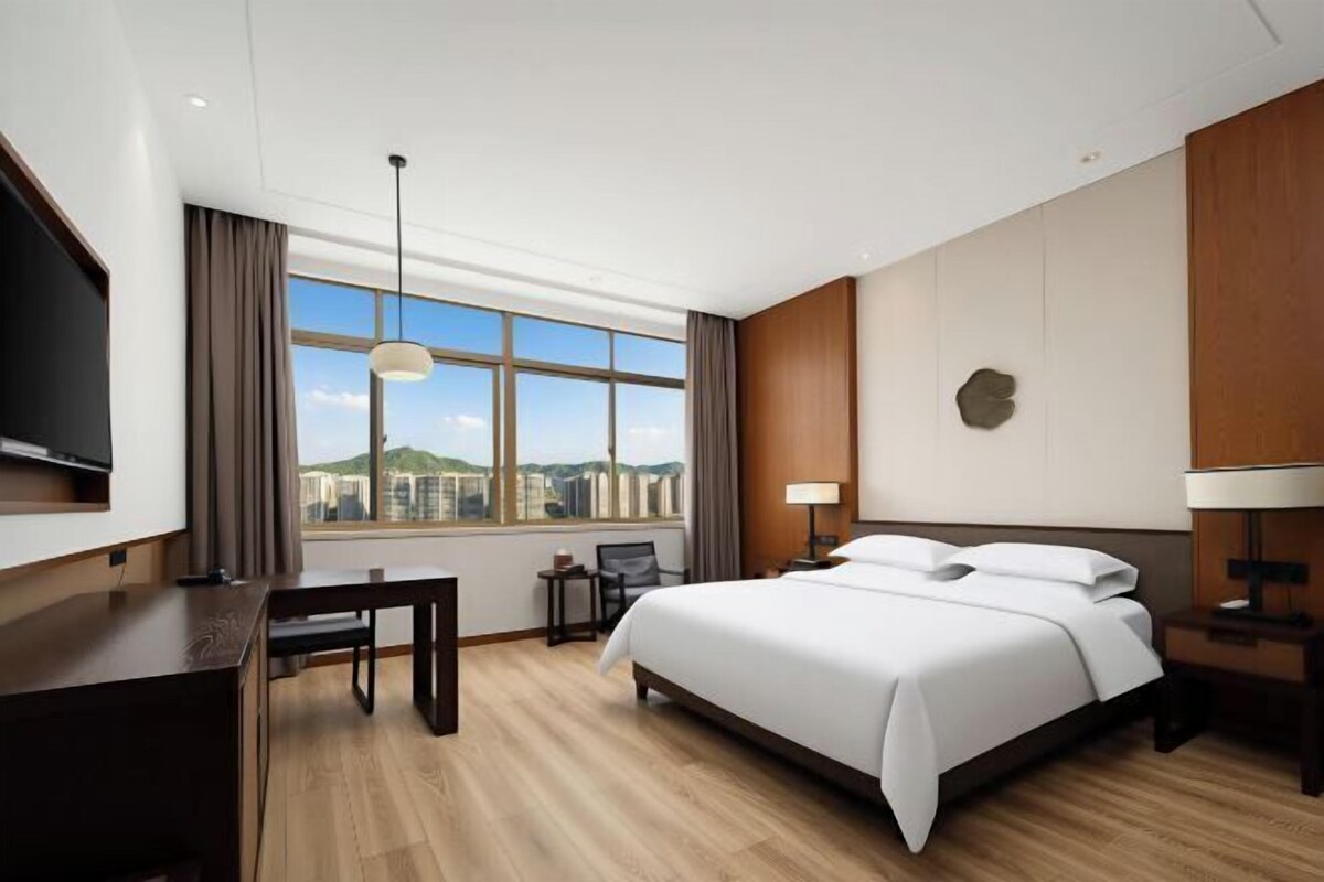 A hotel room with a bed, a desk, a chair, a TV, a lamp, and a view of the city.