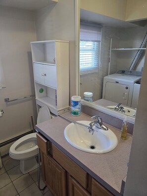 Haartrockner, Handtücher, Seife, Toilettenpapier