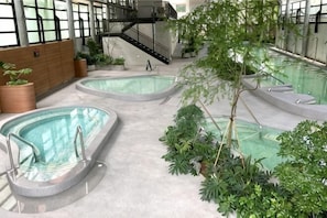 An indoor swimming pool with multiple lanes, surrounded by greenery and a staircase. - Crownshine Resort (Yilan)