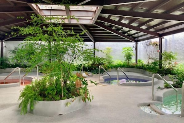 An indoor garden with a central planter, a hot tub, and a covered seating area.