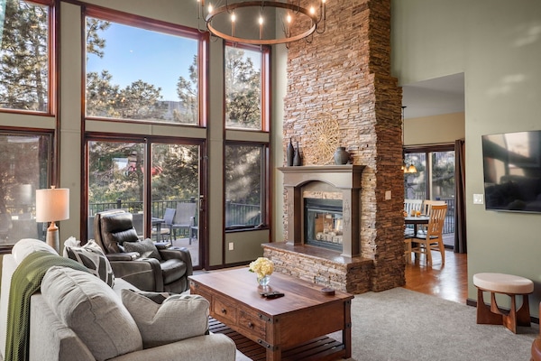 Smart TV, fireplace, books, computer monitors