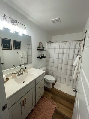 Shower, towels, soap, toilet paper