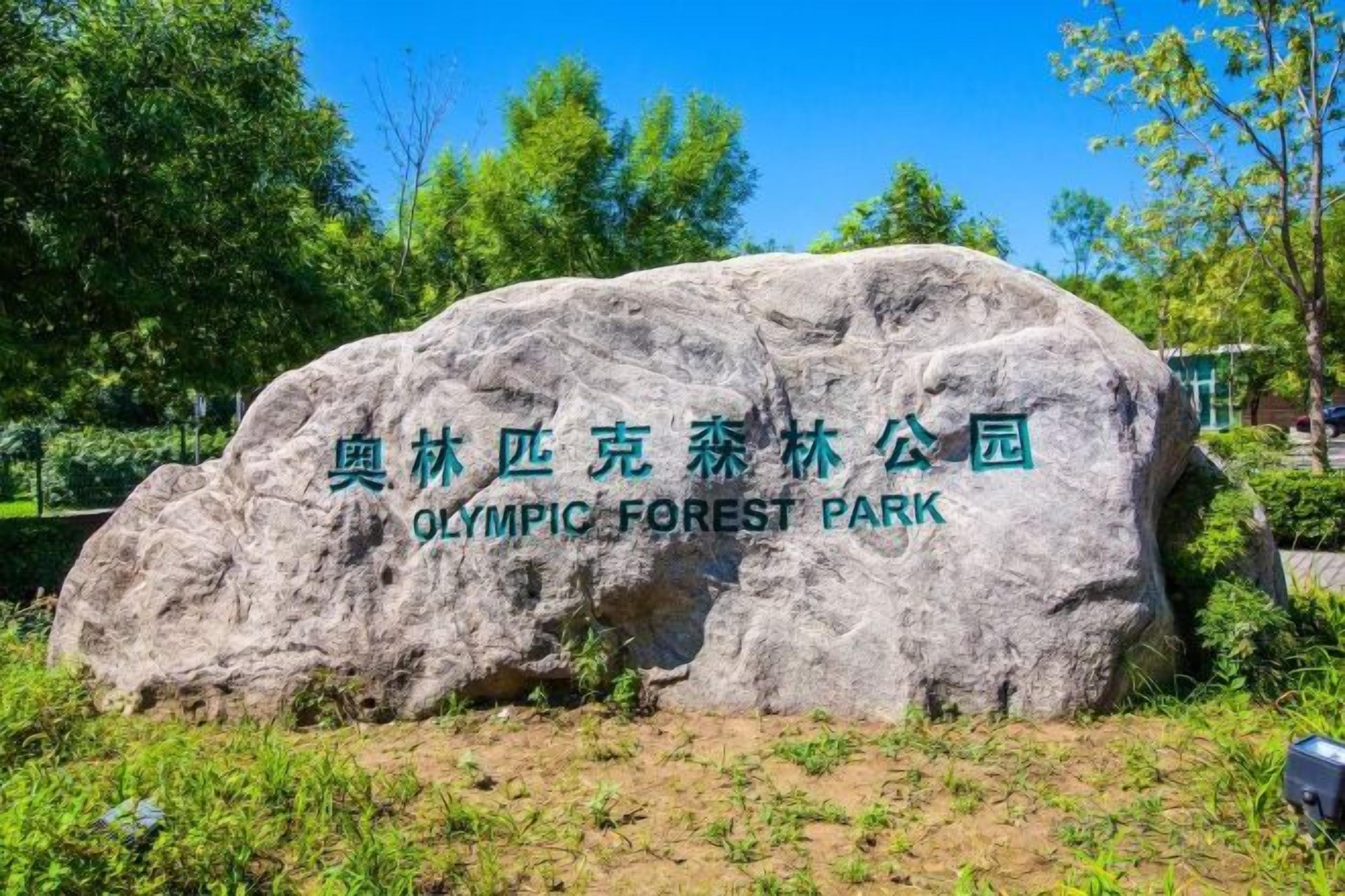 A large rock with text indicating it is the Olympic Forest Park.